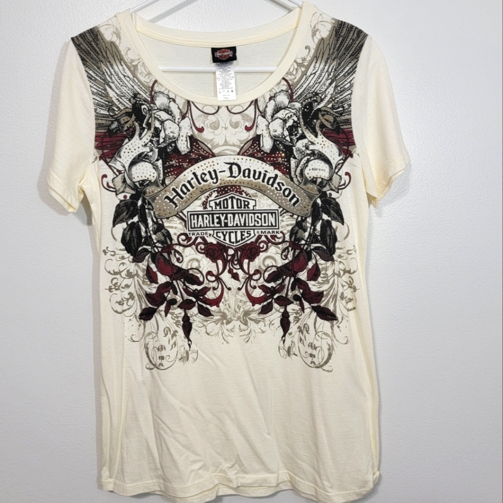 Harley Davidson Cream Short Sleeve Tee Shirt With Rhinestones Size Small